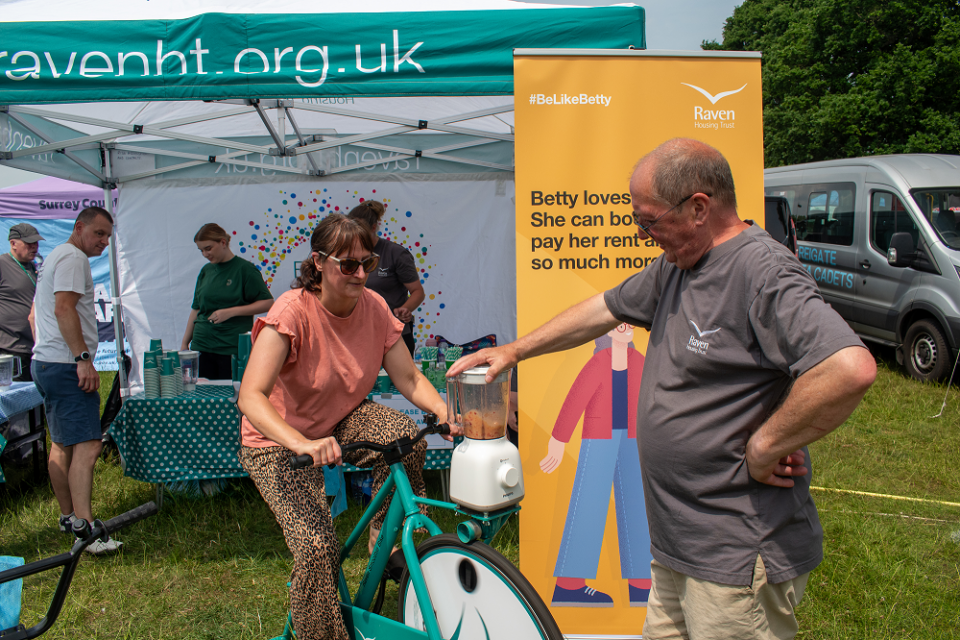 Member of the public on a smoothie bike