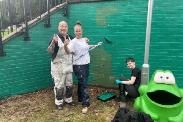 Raven team decorating a wall