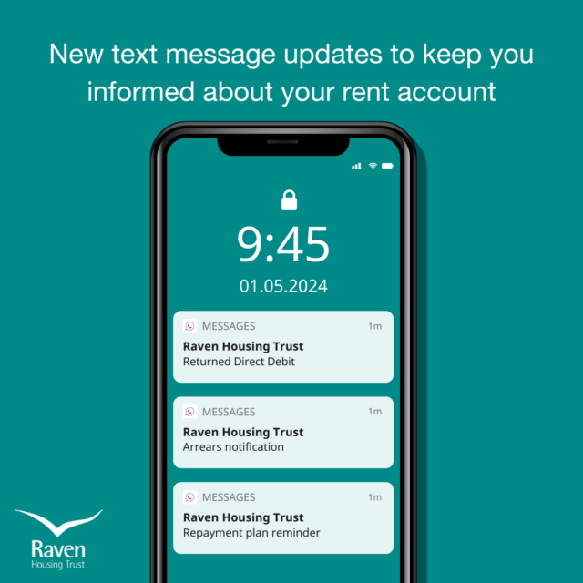 Image of a phone letting customers know that we now send text messages to update on rent accounts